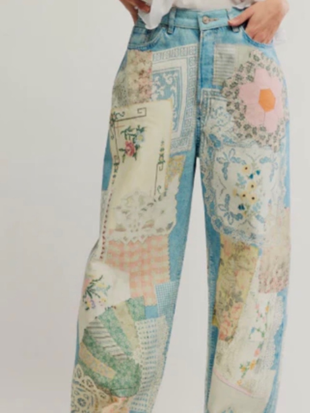 Free People Patchwork High-Rise Wide-Leg Jeans in Light Blue, Cream, Pink - Picture 3 of 10